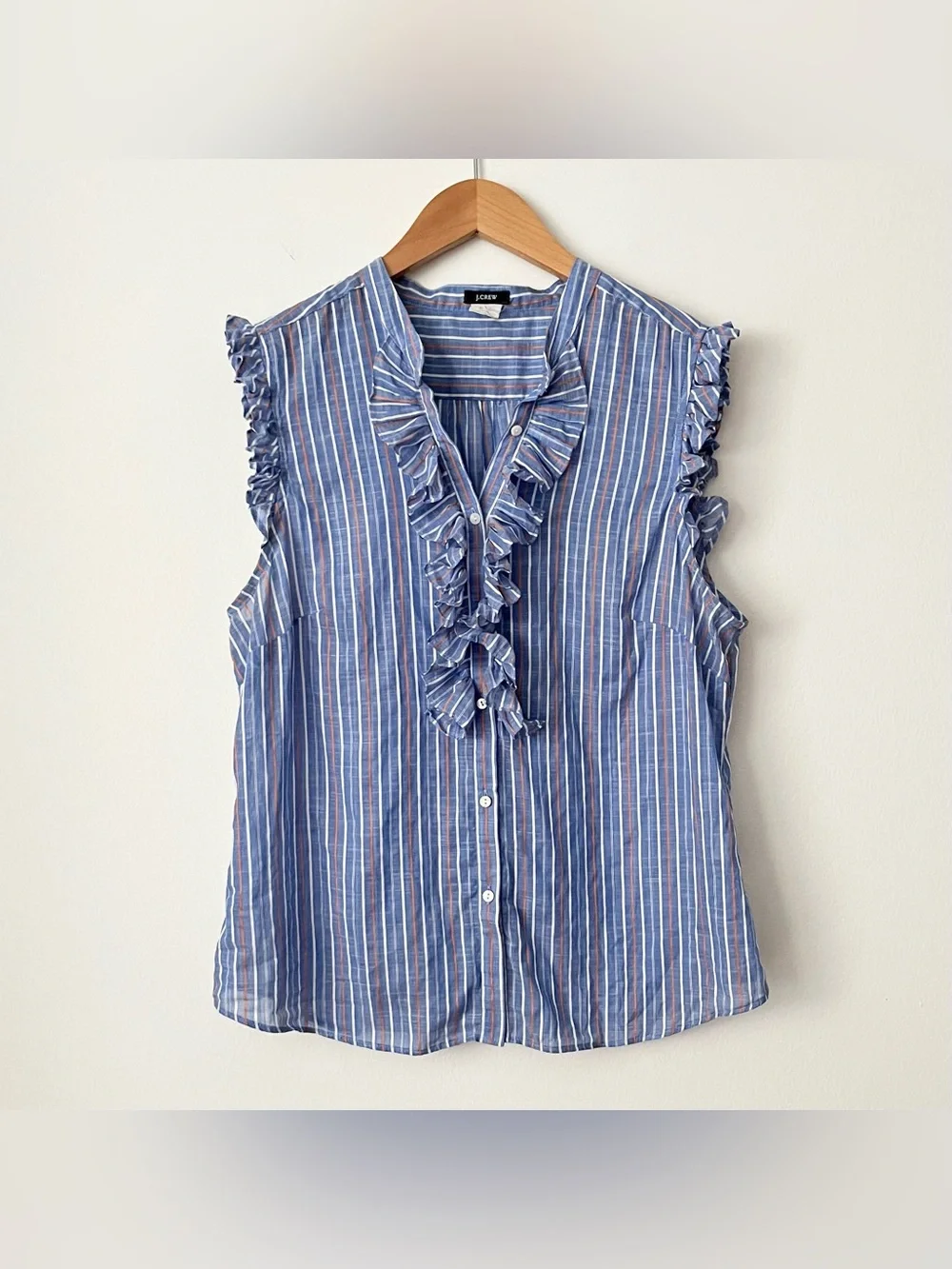 J.Crew Women's Blue Striped Sleeveless Blouse Ruffle Front Size 8 Preppy Gauzy
